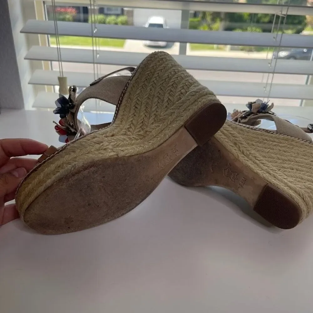 Tory Burch Linen Espadrille Wedge 7.5 Double Strap Sandals Boho Floral Jeweled